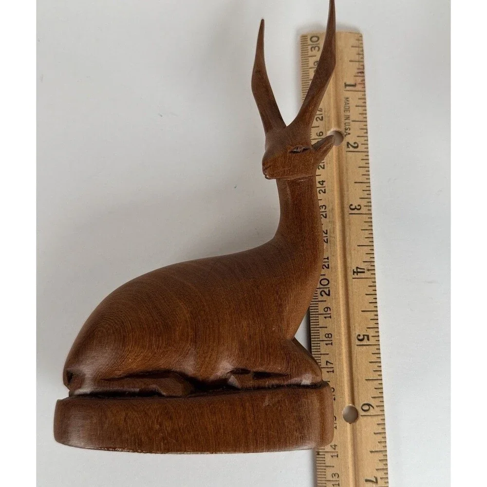 Mid Century Hand Carved Teak Wood Antelope Gazelles Figurines Pair MCM Vintage ￼